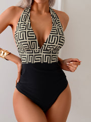 Women's Halter Neck Deep V Geometric Meander Print Tummy Control One-Piece Swimsuit Fashion Slim Fit Beach Swimwear