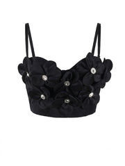 Black 3D Floral Rhinestone Corset Top Spaghetti Strap Bustier Crop Top For Party Special Occasions