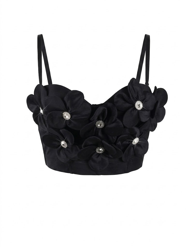 Black 3D Floral Rhinestone Corset Top Spaghetti Strap Bustier Crop Top For Party Special Occasions