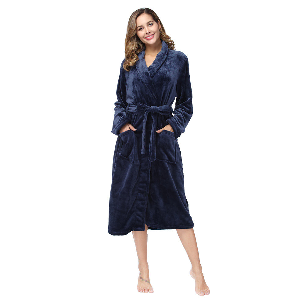 Women's Solid Color Faux Wool Plush Warm Long Robe - Cozy Loungewear Sleepwear