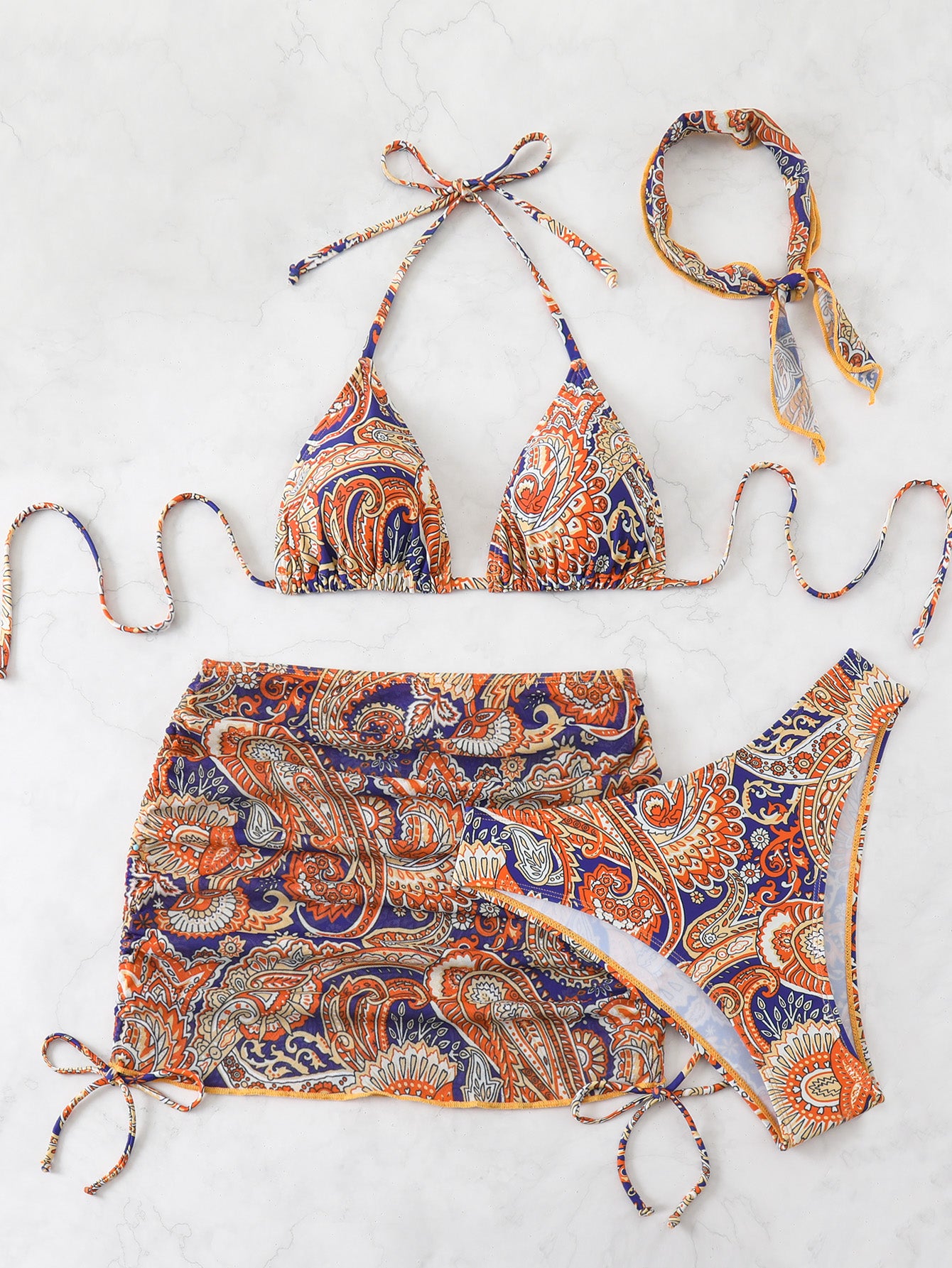 Bohemian Paisley Print 3-Piece Bikini Set for Women, Halter Tie-Side Swimsuit with Skirt & Headscarf, Vacation Beach Swimwear