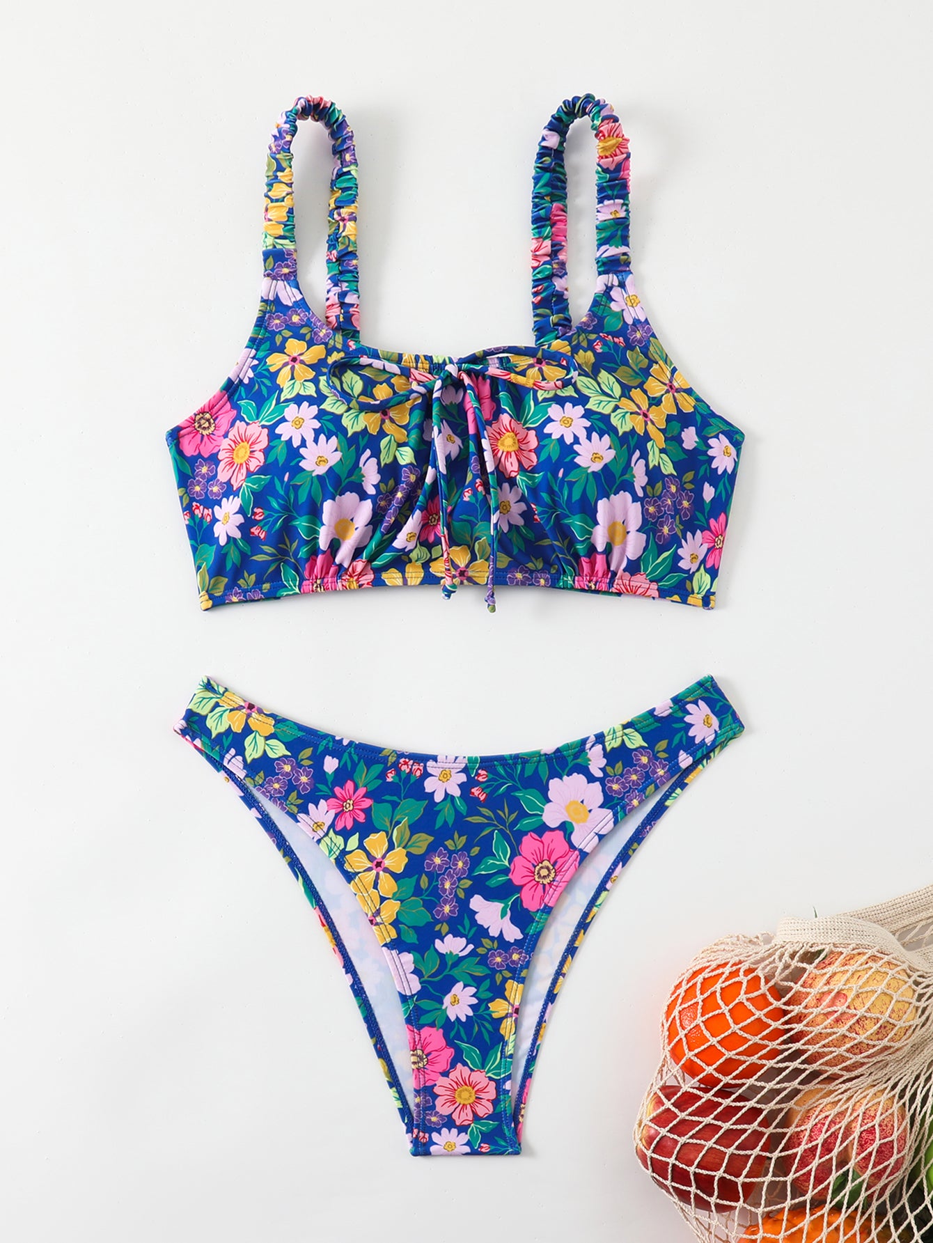 Navy Floral Ruched-Strap Bikini Set for Women, Tie-Waist Triangle Swimwear