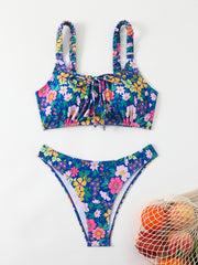 Navy Floral Ruched-Strap Bikini Set for Women, Tie-Waist Triangle Swimwear