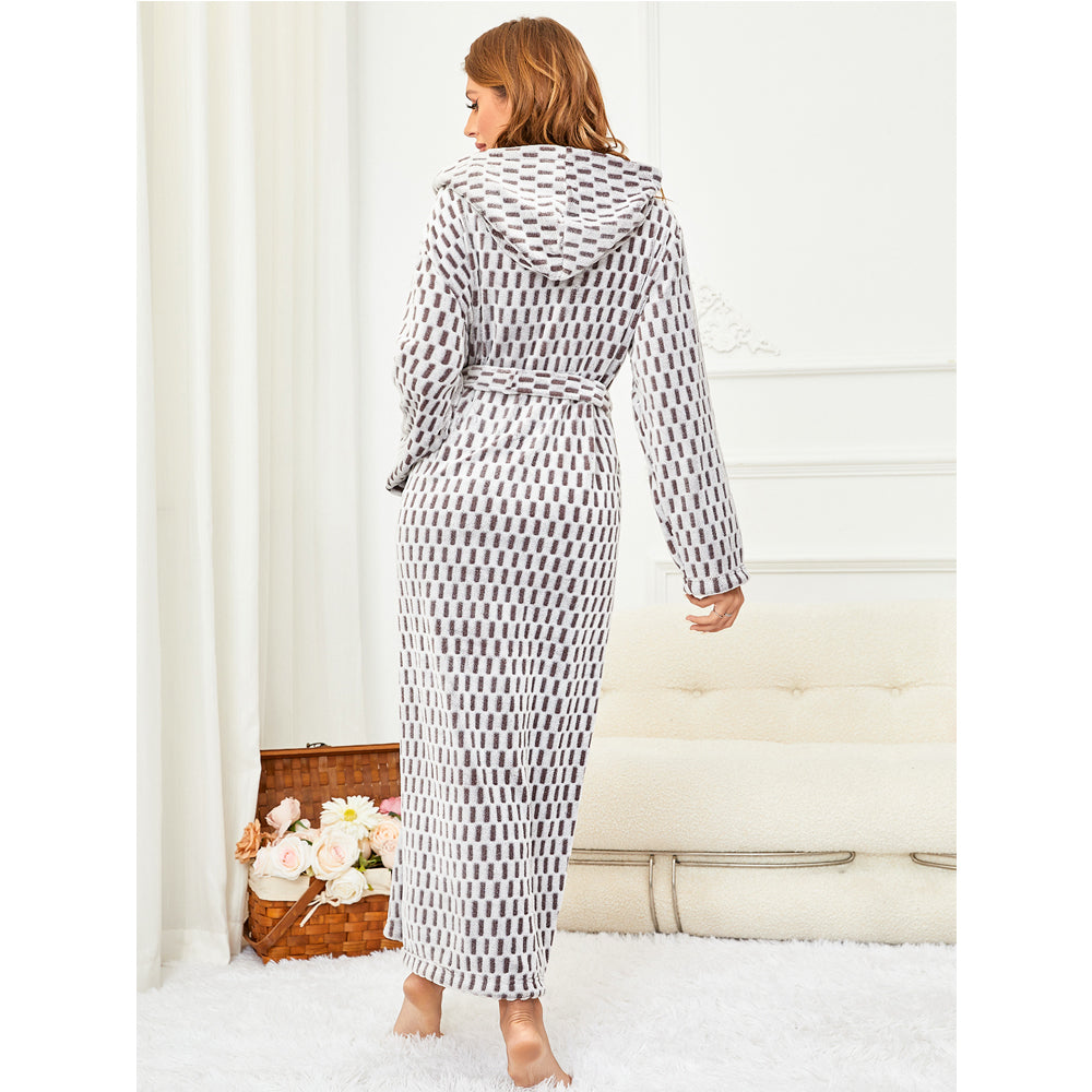 Women's Geometric Print Hooded Faux Wool Plush Warm Long Robe - Stylish Loungewear Sleepwear