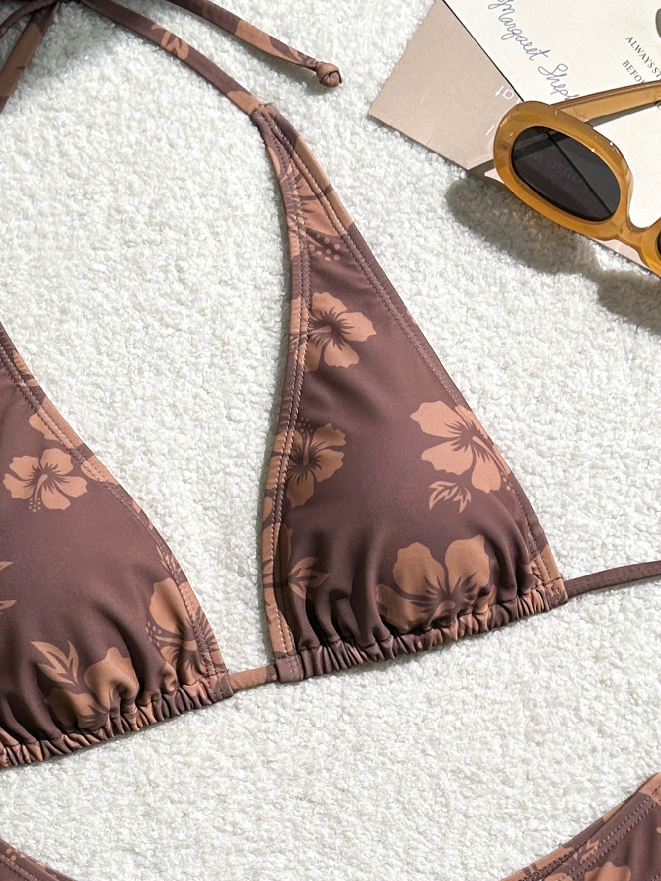 Coffee Hibiscus Print Bikini Set for Women, Halter Tie Triangle Swimwear