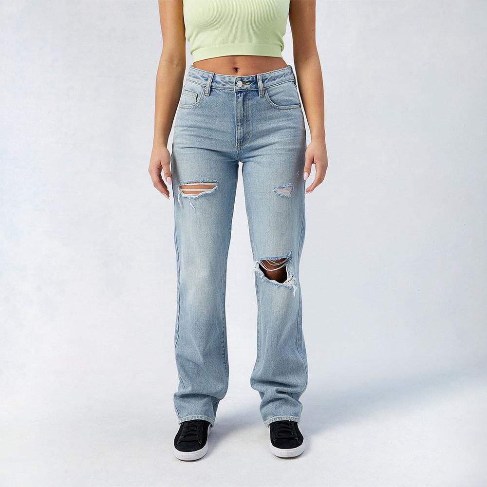 Women's Light Blue Distressed Straight Leg Jeans - Vintage High-Waisted Slim-Fit Casual Wide-Leg Pants