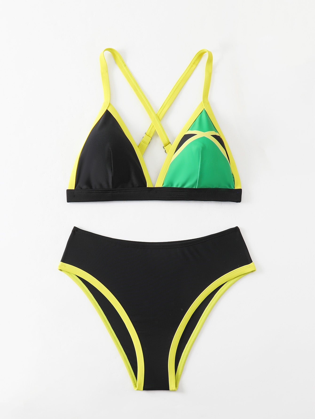 Black-Green Color Block Crisscross Back Bikini Set for Women, Neon Yellow Trim Triangle Swimwear
