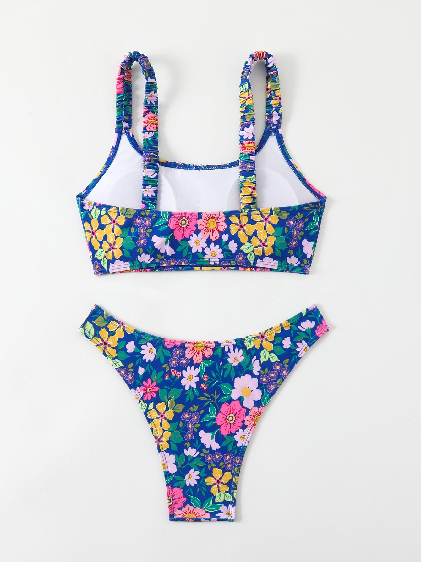 Navy Floral Ruched-Strap Bikini Set for Women, Tie-Waist Triangle Swimwear