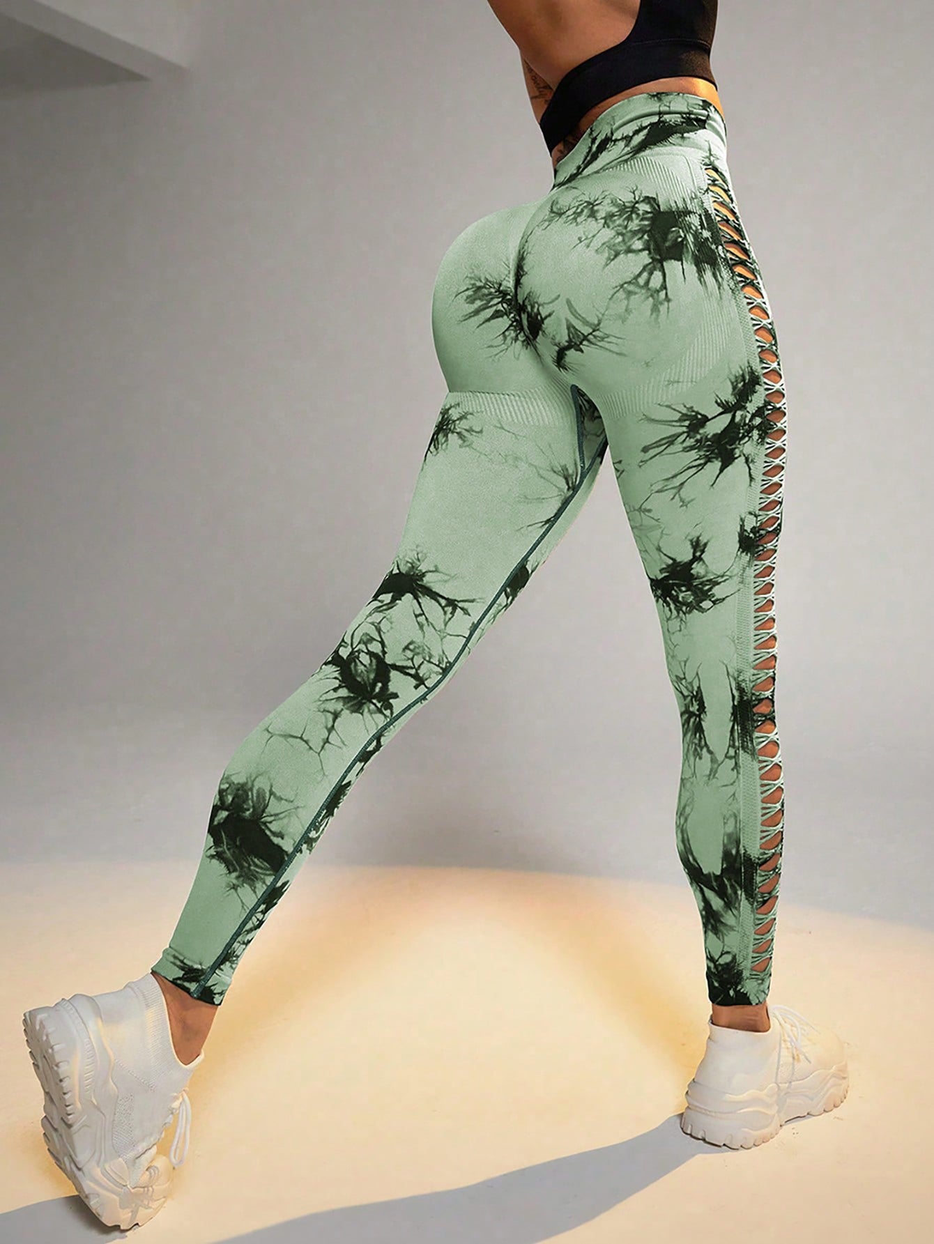 Women's Tie-Dye Side Cutout Lace-Up Yoga Pants - High-Waisted Butt-Lifting Seamless Athletic Leggings