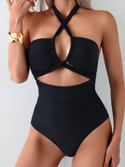 Black Halter Cross Cutout Metal Buckle One-Piece Swimsuit for Women, Slimming Wearable-as-Top Fashion Swimwear