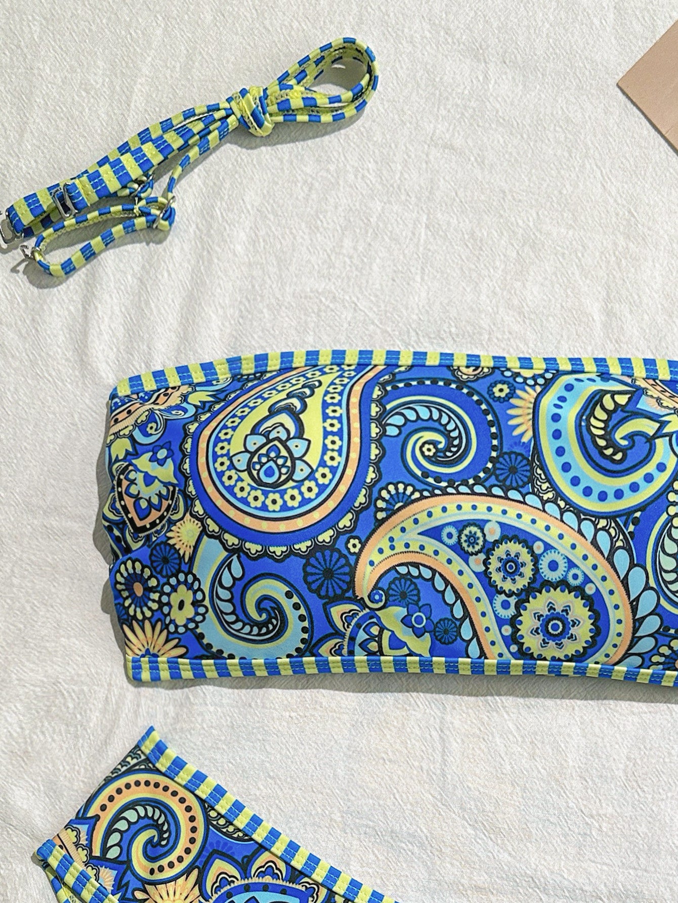 Blue Paisley Print 3-Piece Bikini Set for Women, Bandeau Tie Triangle Swimwear Vacation Outfit