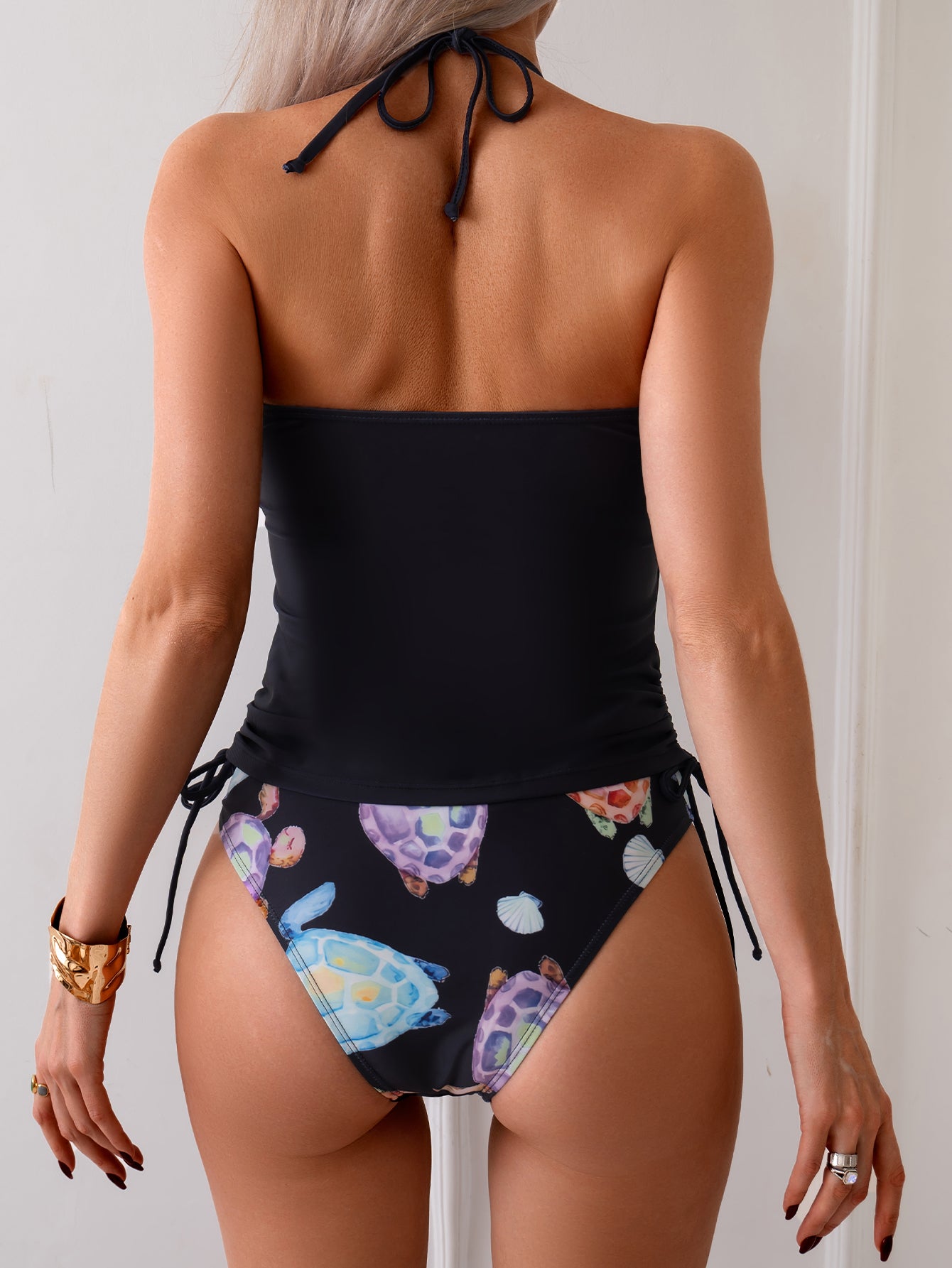 Women's Sea Turtle Print Halter Neck Tankini Set - Drawstring Adjustable Two-Piece Swimwear