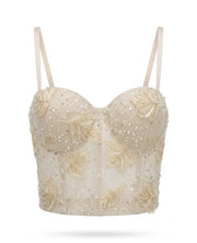 Beaded Leaf Applique Mesh Corset Bustier Crop Top | Spaghetti Strap Formal Party Camisole