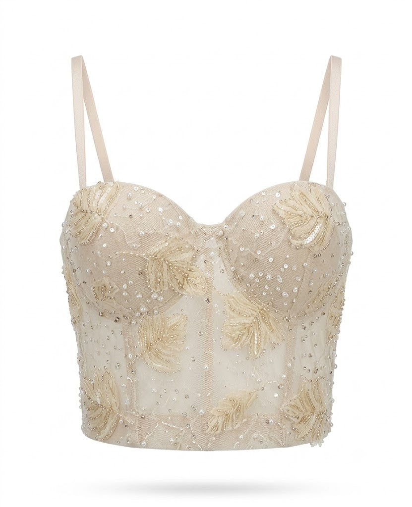 Beaded Leaf Applique Mesh Corset Bustier Crop Top | Spaghetti Strap Formal Party Camisole