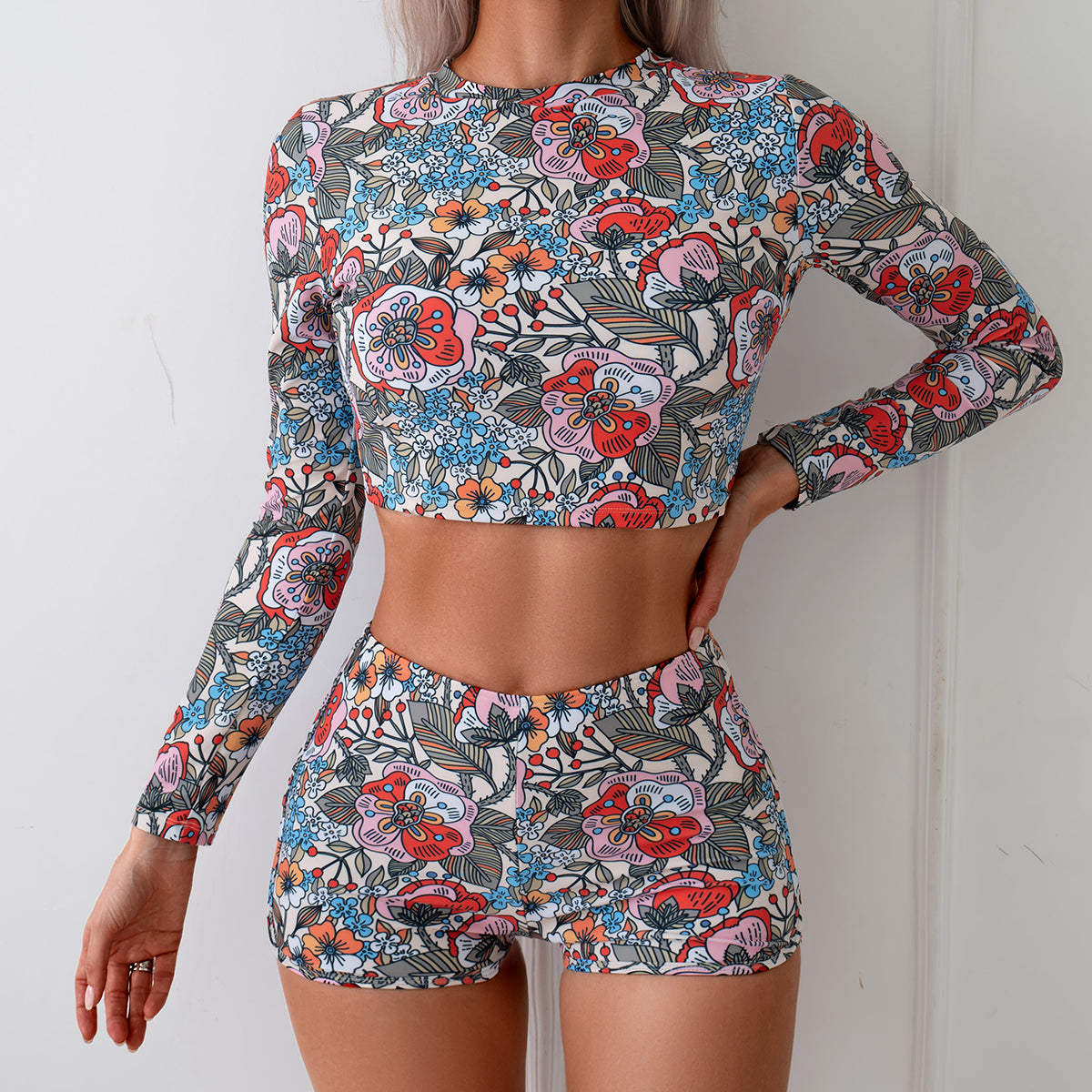 Women's Floral Print Competitive Two-Piece Swimsuit - Long Sleeve Sun Protection Quick-Dry Athletic Training Swimwear Set