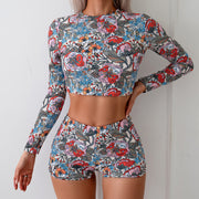 Women's Floral Print Competitive Two-Piece Swimsuit - Long Sleeve Sun Protection Quick-Dry Athletic Training Swimwear Set