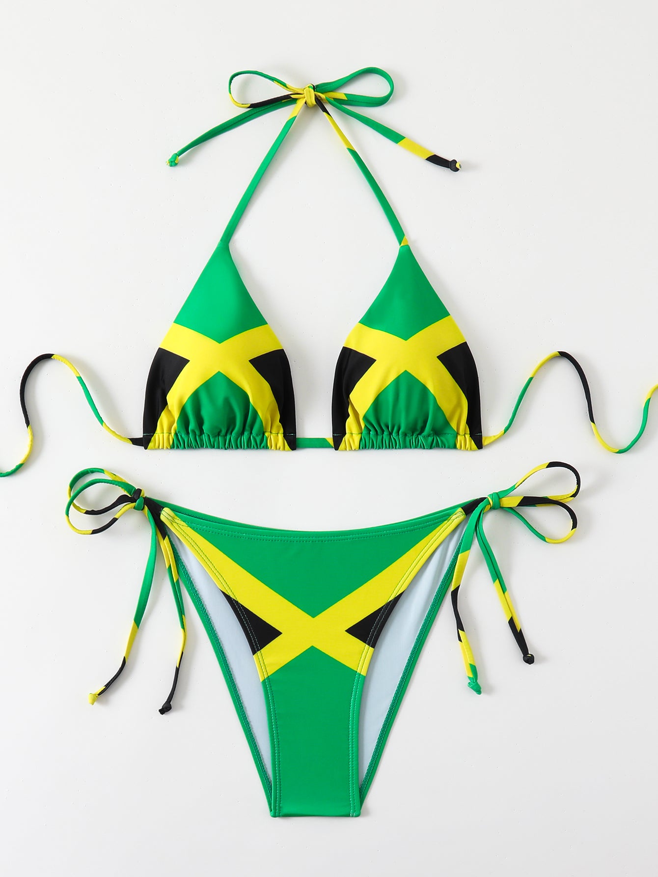 Jamaican Flag Color Block Halter Bikini Set for Women, Adjustable Drawstring Triangle Swimwear