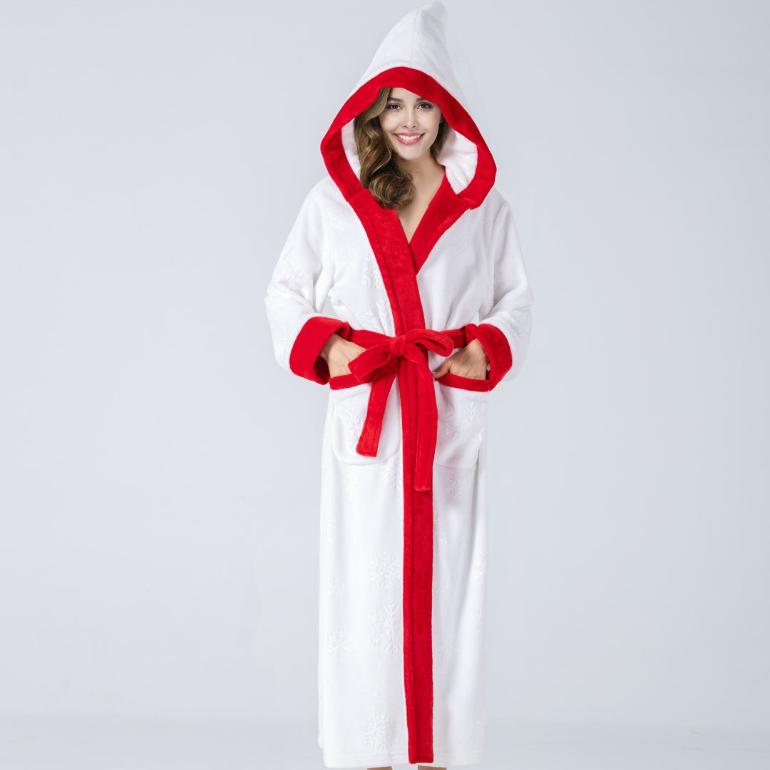 Red & White Contrast Hooded Plush Long Robe for Women, Thickened Warm Sleepwear with Pockets & Belt Christmas Style