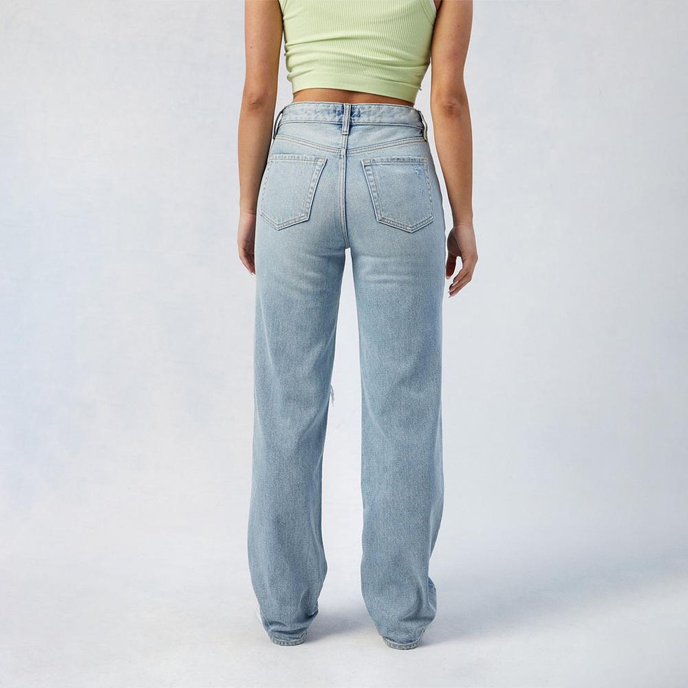 Women's Light Blue Distressed Straight Leg Jeans - Vintage High-Waisted Slim-Fit Casual Wide-Leg Pants