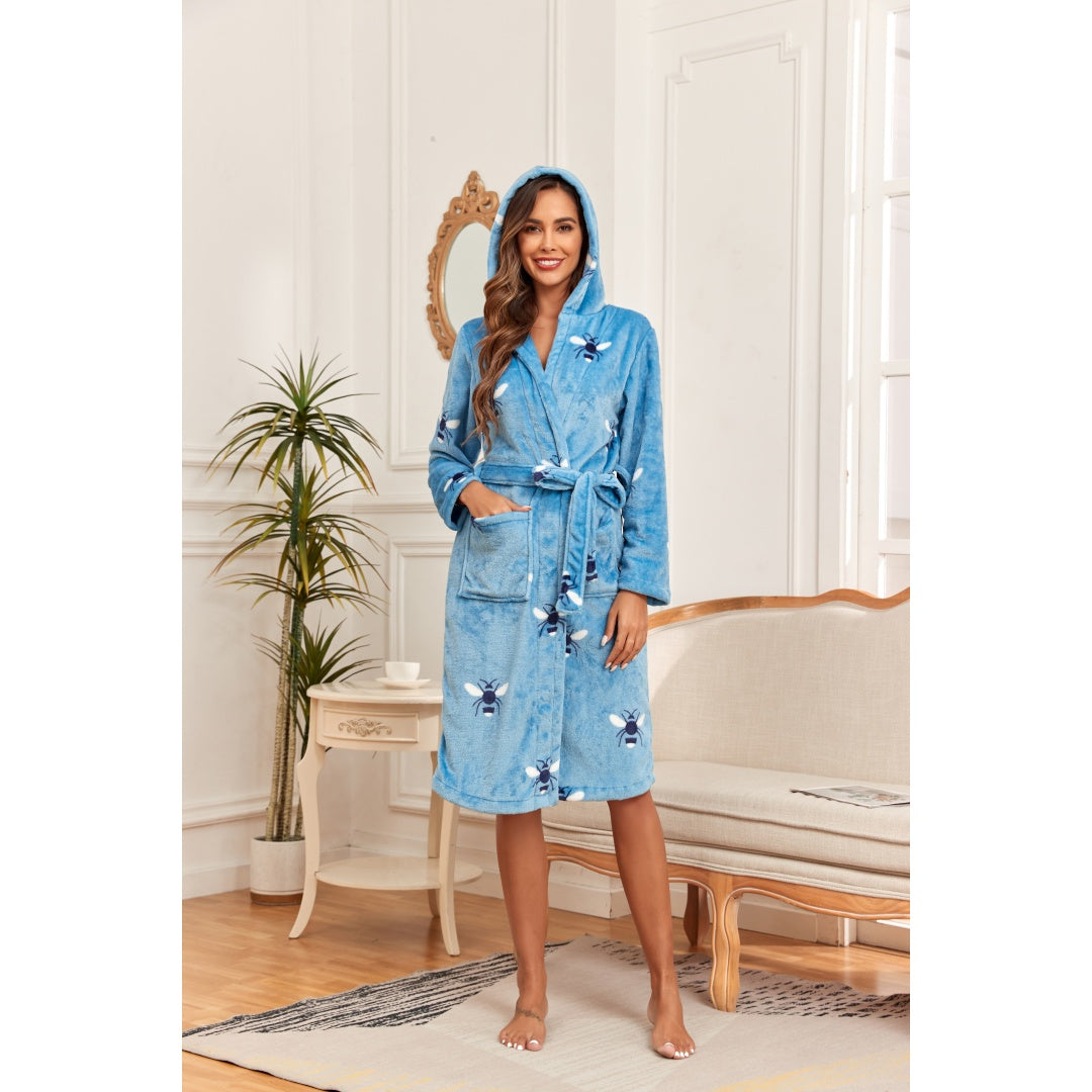 Blue Bee Print Hooded Plush Long Robe for Women, Thickened Warm Loungewear with Side Pockets & Belt