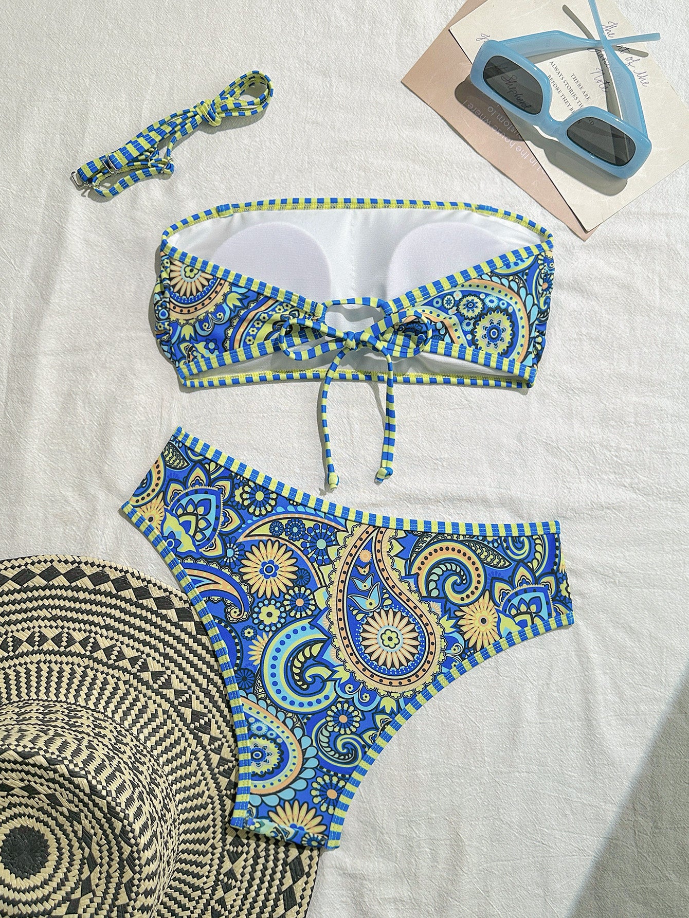 Blue Paisley Print 3-Piece Bikini Set for Women, Bandeau Tie Triangle Swimwear Vacation Outfit