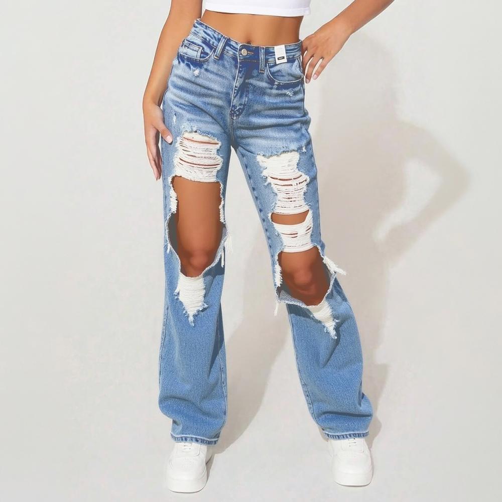Women's Light Blue Distressed Ripped Jeans - Vintage Washed Street Style Straight Leg Pants