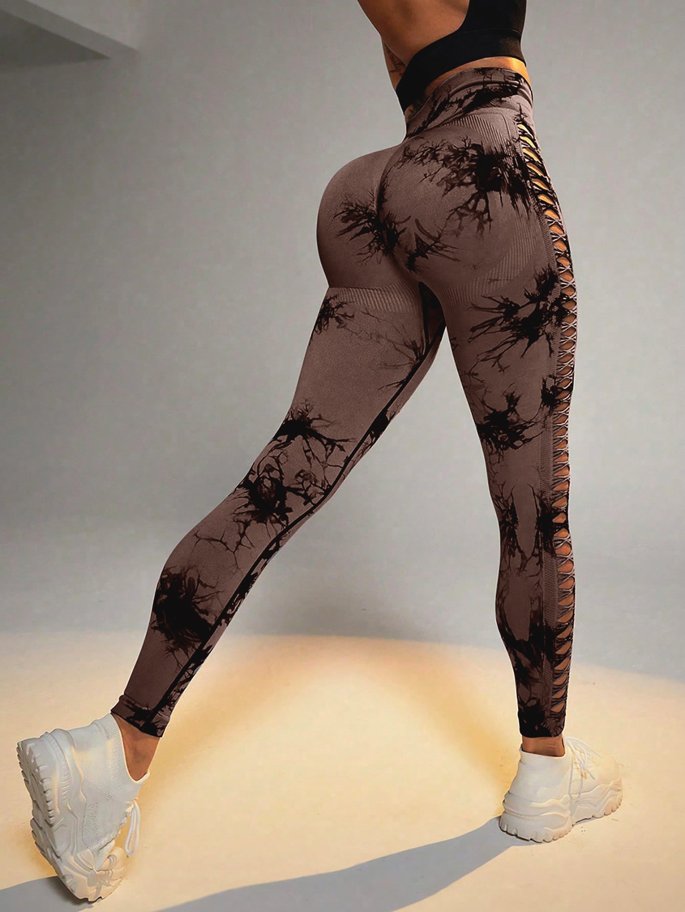 Women's Tie-Dye Side Cutout Lace-Up Yoga Pants - High-Waisted Butt-Lifting Seamless Athletic Leggings